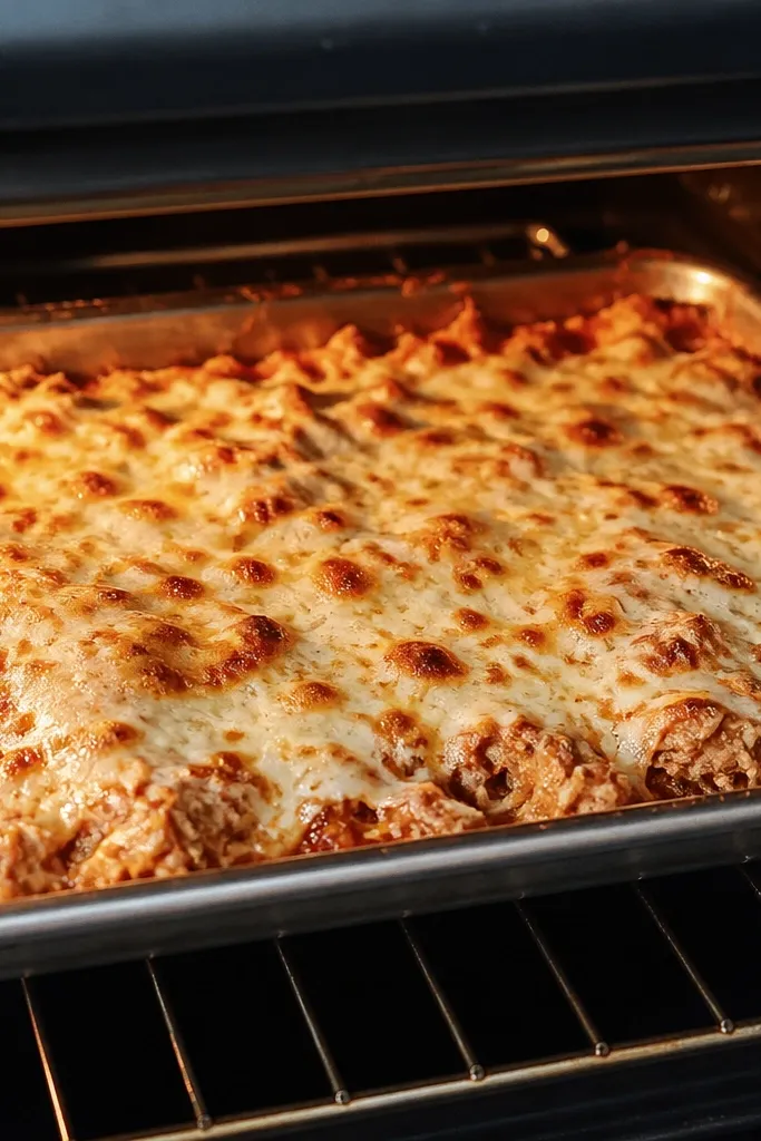 A baking sheet with a shallow layer of crock pot chicken parmesan mixture, topped with shredded mozzarella and parmesan, under a broiler with golden-brown spots on the cheese.