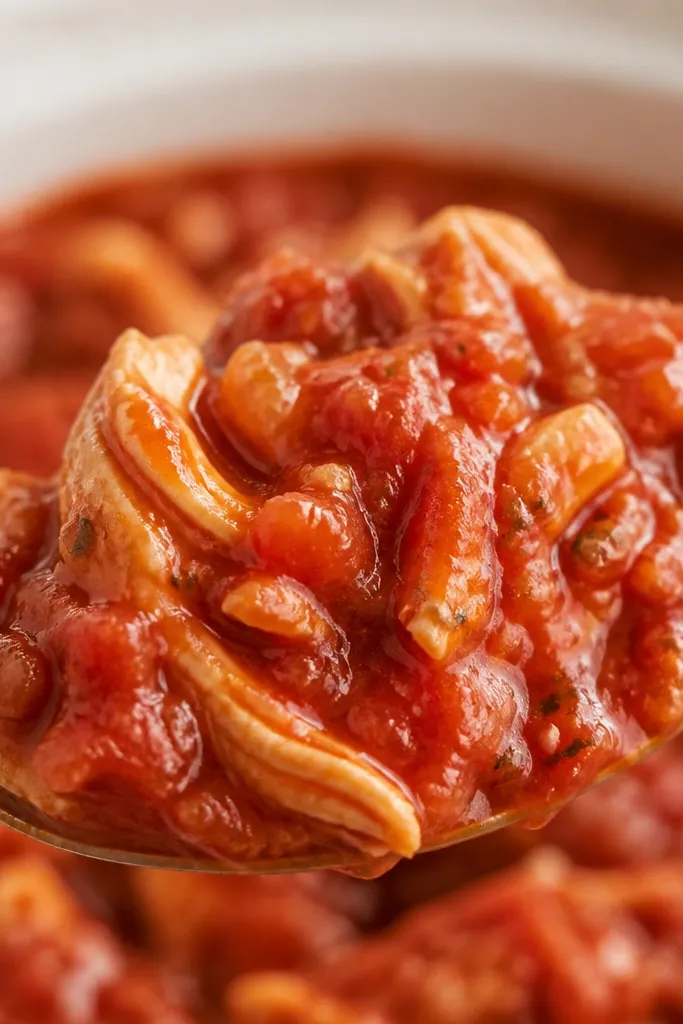 A close-up spoonful of red tomato sauce coating shredded chicken, looking glossy and thick, with visible tomato bits rather than watery pooling.