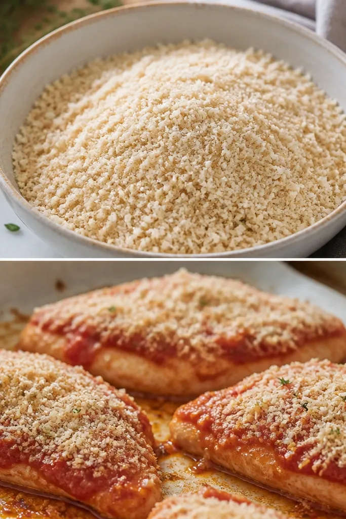 A bowl of finely crushed gluten-free panko mixed with parmesan, with a thin sprinkle of the crumb mixture over sauced chicken before broiling.