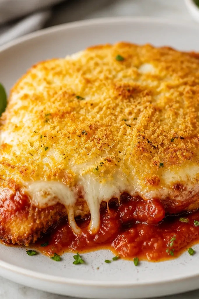 A plate of chicken parmesan with a golden parmesan-dominant top, showing some melted mozzarella strands underneath.