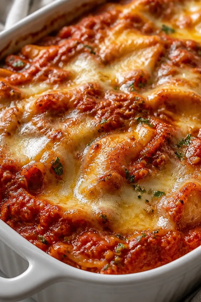 A casserole dish where the red sauce has tiny green flecks of parsley and visible garlic bits mixed throughout, with a glossy surface.