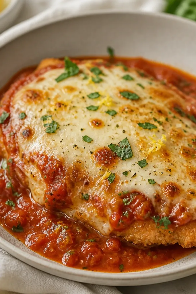 A finished bowl of chicken parmesan with a light drizzle of lemon juice, visible shine on the sauce and a couple of lemon zest specks.