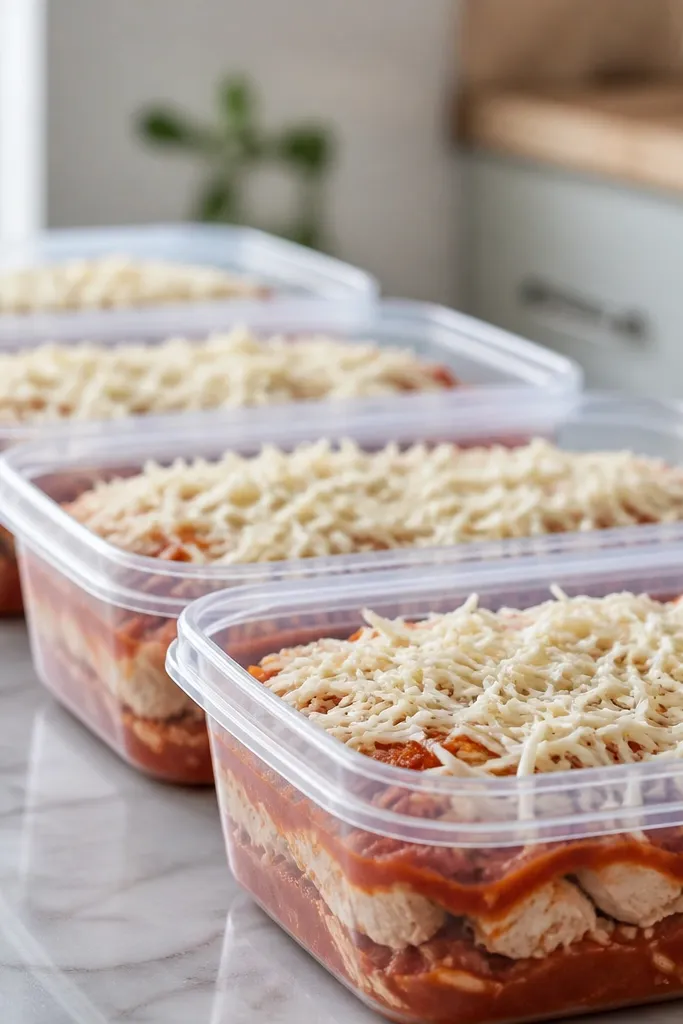 A row of flat freezer containers with labeled portions of chicken parmesan sauce and chicken, topped with a light cheese layer before freezing.