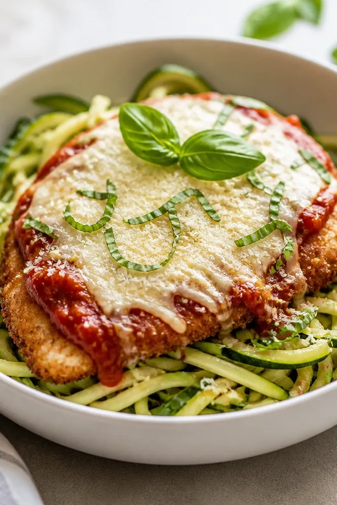 A bowl filled with glossy zucchini noodles under the sauced chicken parmesan, with parmesan sprinkled over the top.