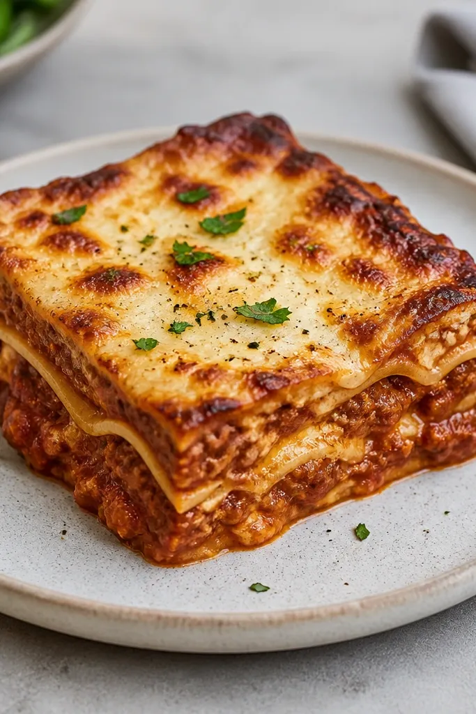 A plated serving where the cheese top has crisp browned edges, and the sauce looks thick and not bubbling over the sides.