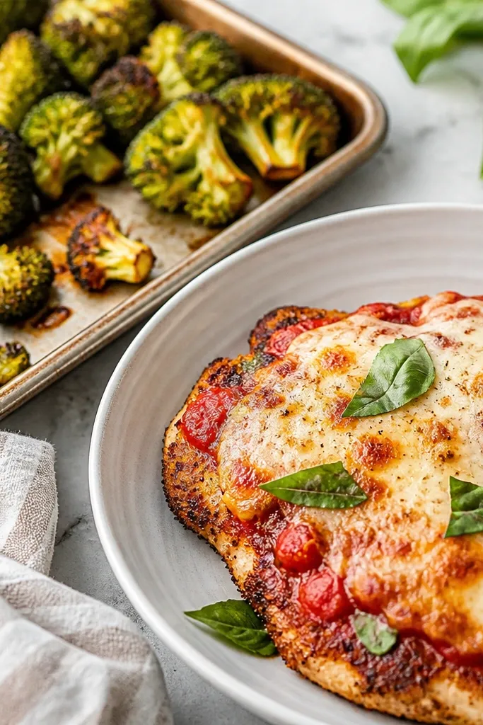 Roasted broccoli florets on a sheet pan with browned edges, served next to chicken parmesan in a shallow bowl.