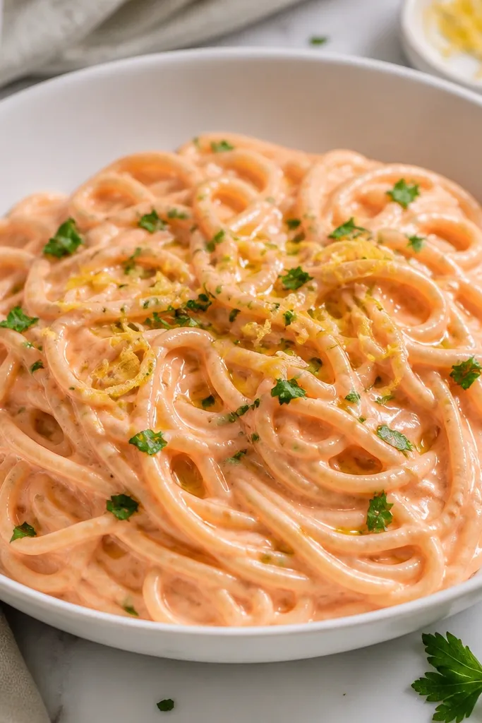A white bowl filled with creamy pale-pink vodka pasta strands coated in a glossy sauce, topped with tiny curls of lemon zest and chopped parsley. A small drizzle of olive oil glints on the surface.