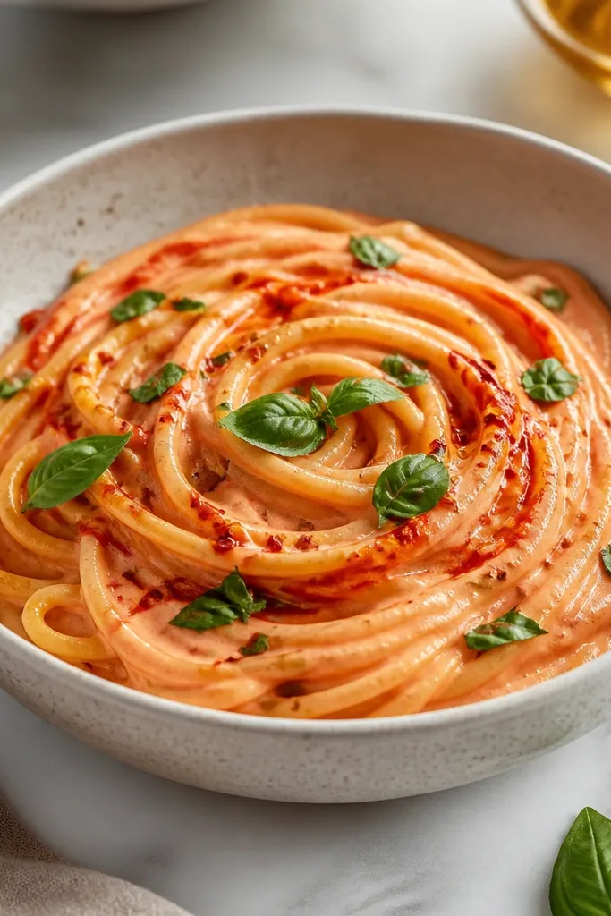 A bowl of pasta with a smooth rosy sauce, with a visible streaky swirl of darker red pepper puree on top. The pasta is sprinkled with basil leaves and a few red pepper flakes.