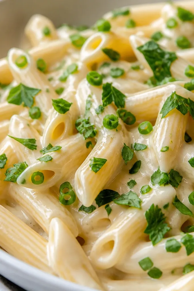 Creamy pale sauce covering penne, with a generous scatter of chopped chives and flat-leaf parsley. The surface looks wet and shiny, not dry.