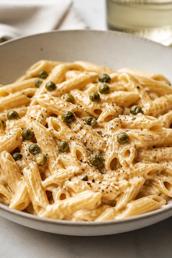 A shallow bowl of light creamy vodka pasta with scattered capers that look like tiny green beads. Coarse black pepper is visible as speckles across the top.