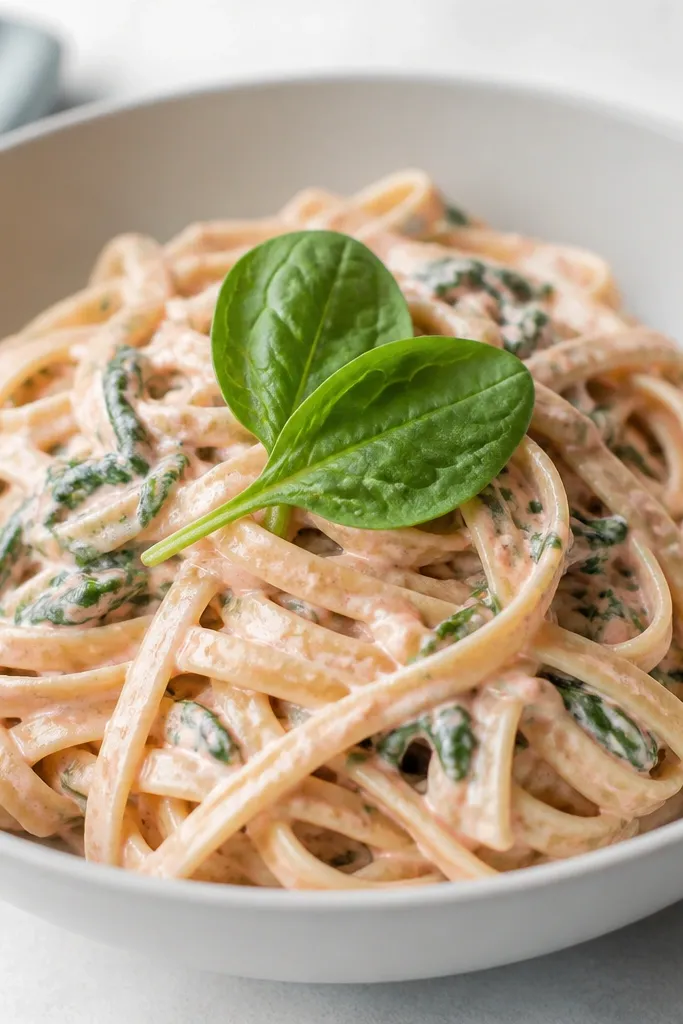 Fettuccine strands mixed with pale green flecks of spinach, coated in a creamy light pink sauce. A few spinach leaves sit on top like garnish.