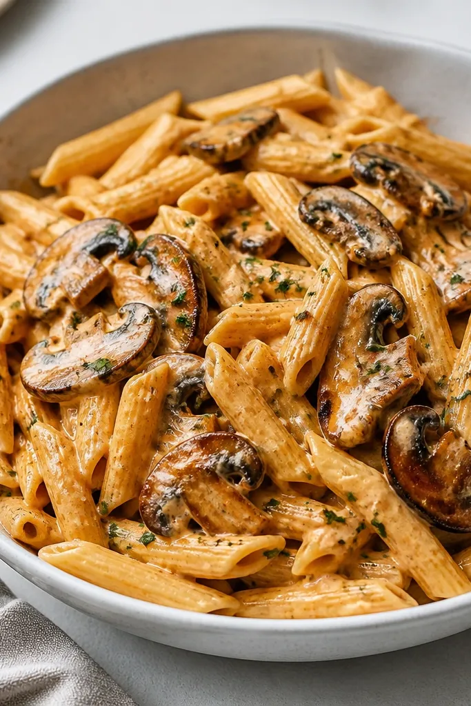 A bowl of creamy vodka pasta with browned mushroom slices mixed throughout. The mushrooms have dark caramel edges and glossy sauce clings to them.