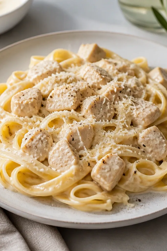 A plate with pasta topped with small diced chicken pieces and a dusting of finely grated parmesan. The sauce is creamy and pale, with visible pepper flecks.