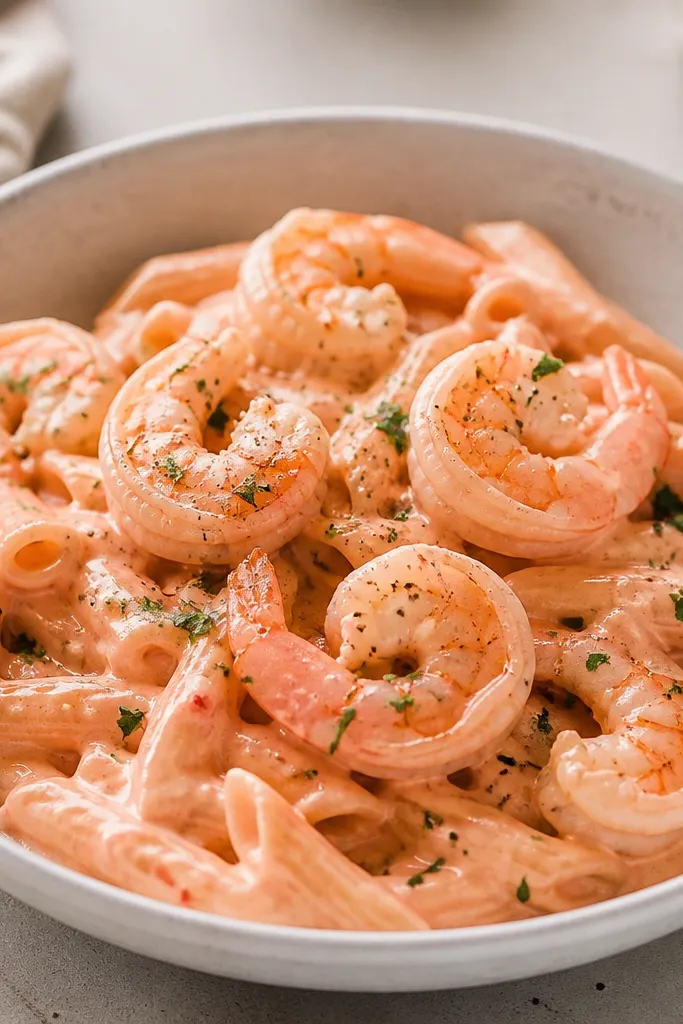 A bowl of creamy pink vodka pasta with pink shrimp curled on top. The sauce looks glossy and light, and there are tiny herb bits scattered across the top.