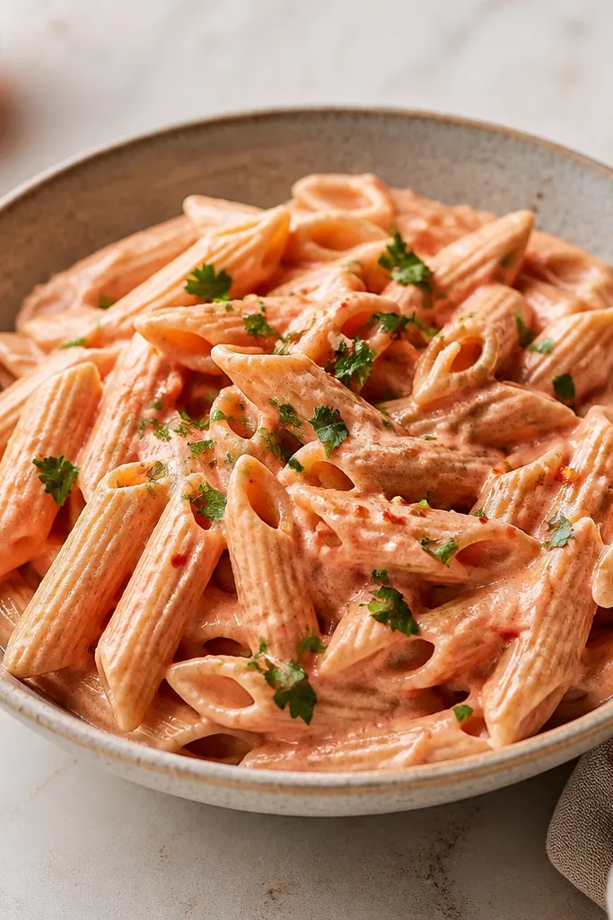 Whole wheat penne coated in a creamy pale pink sauce, with sauce clinging to ridges. The bowl has a few red pepper flakes and parsley on top.