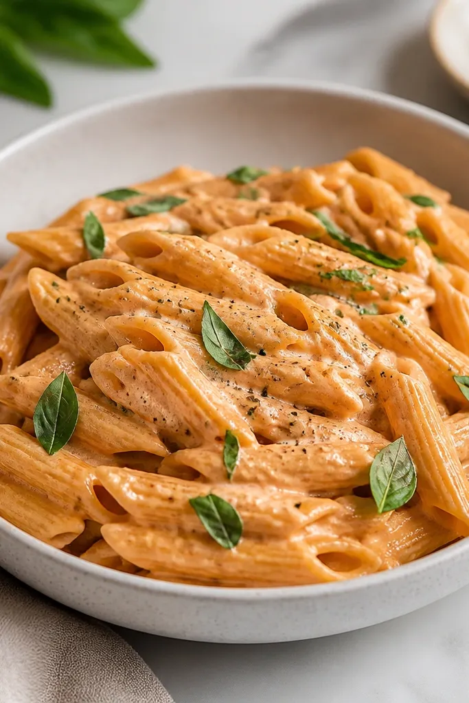 A creamy bowl of light vodka pasta with a smooth uniform sauce, no visible yogurt curds. The top is sprinkled with black pepper and basil leaves.