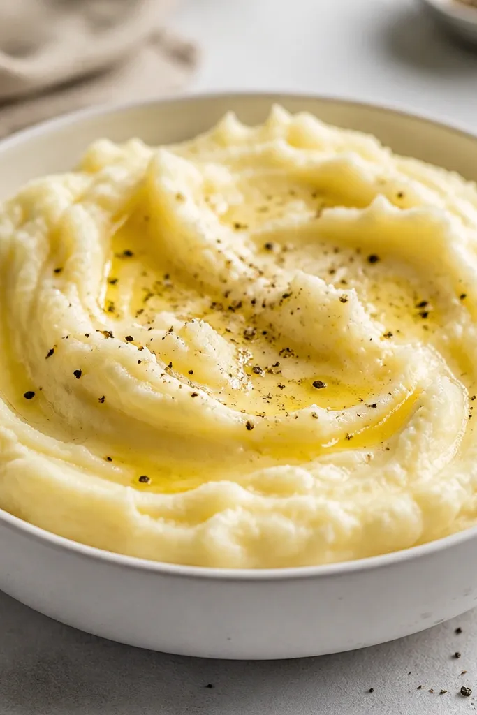 A white ceramic bowl filled with thick mashed potatoes, glossy from melted butter, with soft ridges from a masher and a light sprinkle of black pepper on top.