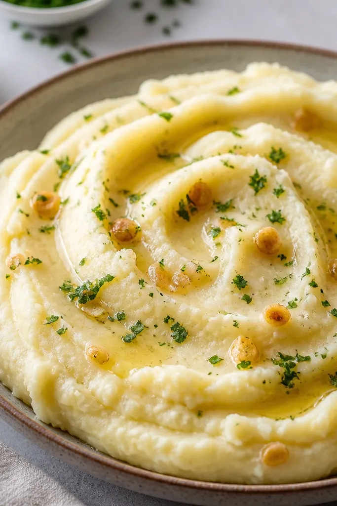 Mashed potatoes with visible flecks of golden garlic and a swirl of melted garlic butter, served in a shallow dish with a sprinkle of chopped parsley.