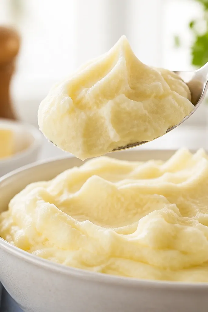 A spoonful of mashed potatoes lifted above the bowl showing soft peaks, creamy off-white color, and a faint sheen under bright kitchen light.