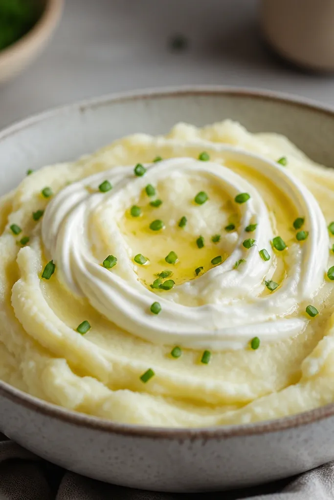 Mashed potatoes with a pale white sour cream swirl on top, lightly sprinkled chives, and a few butter droplets in the center.