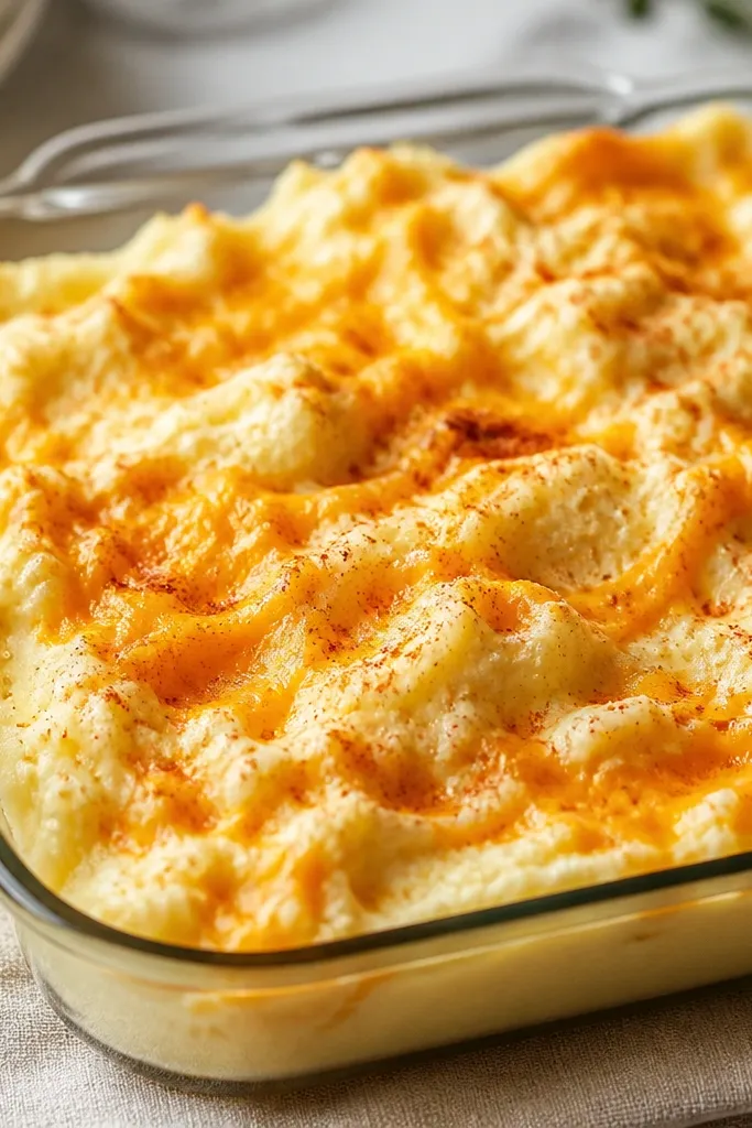 Mashed potatoes dotted with melted cheddar, with orange streaks and a light dusting of paprika, served in a glass baking dish.