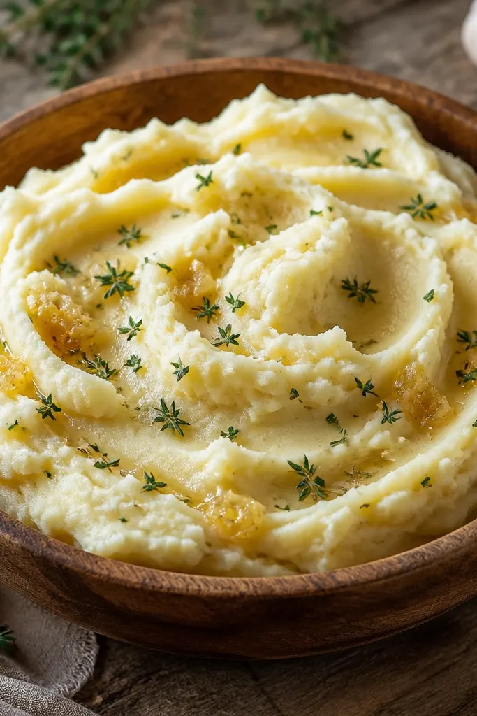 Mashed potatoes with a golden roasted garlic paste swirled through, speckled with thyme leaves, in a rustic wooden bowl.