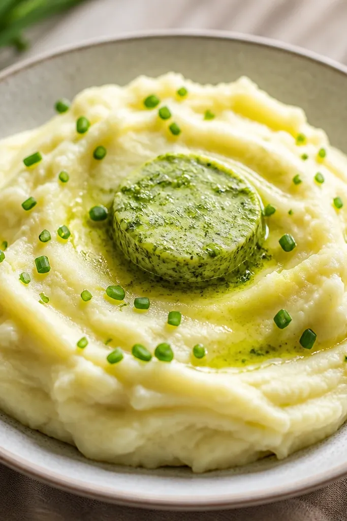 Mashed potatoes topped with a bright green herb butter pat, melting around the edges, with a few chopped chives scattered.