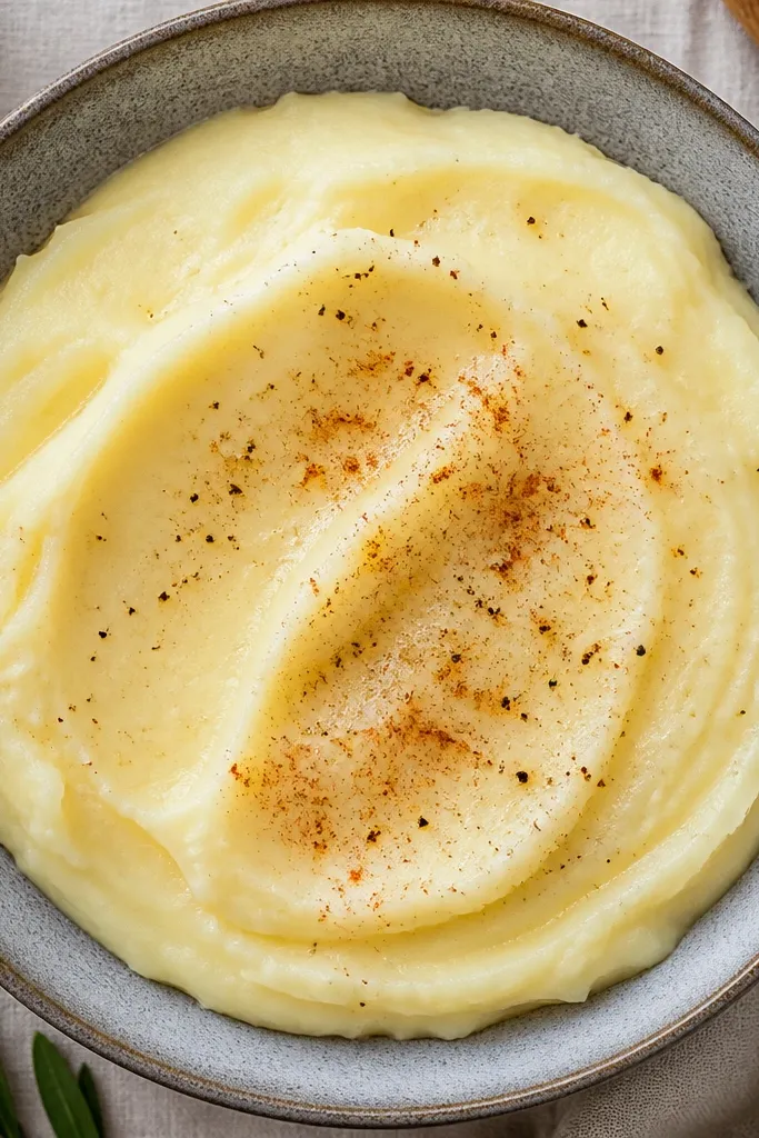 A smooth mound of mashed potatoes with a thin dusting of smoked paprika and cracked black pepper, shot from above with a glossy surface.