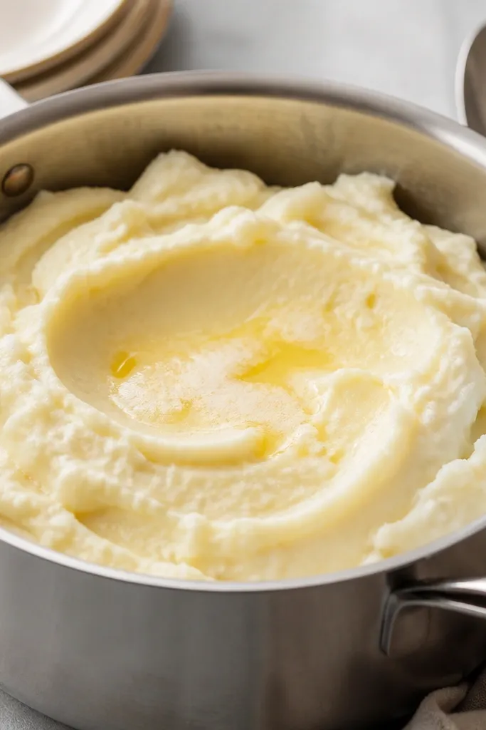 Mashed potatoes in a metal saucepan, thick and spoonable, with a slight crater in the center where gravy would pool, and butter sheen on the ridges.