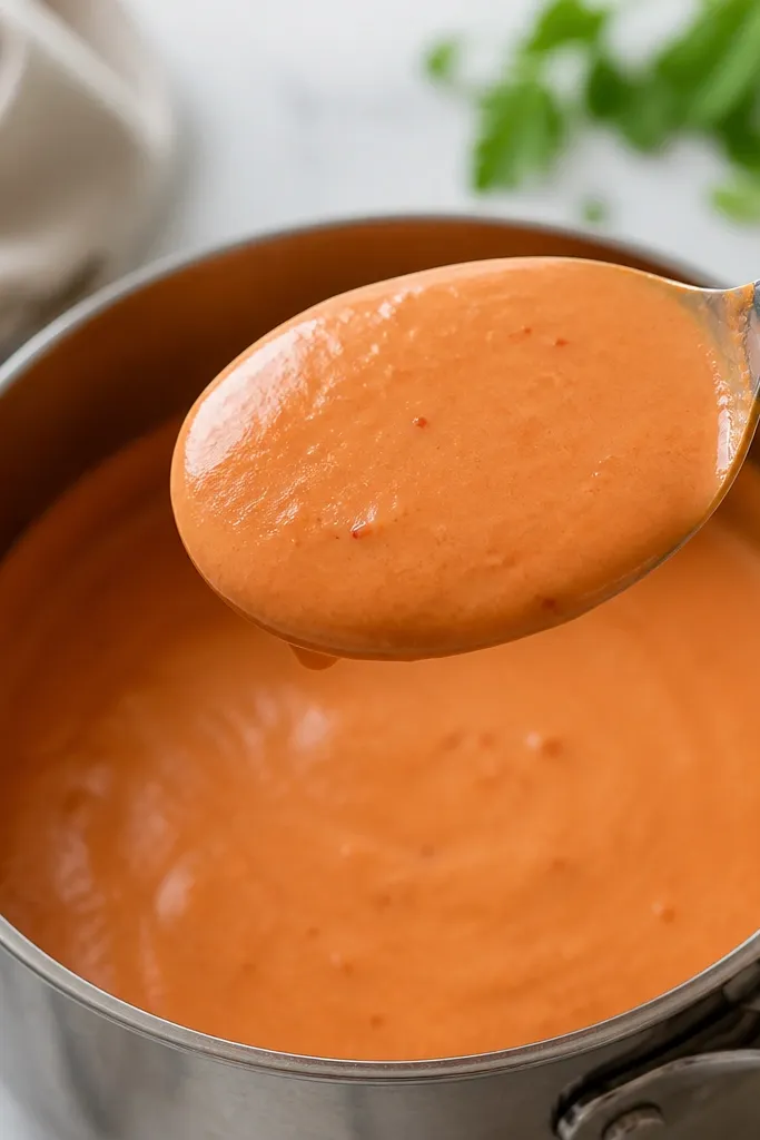 A metal spoon held over a small pot shows a thick, glossy pink-orange vodka sauce coating the back of the spoon. The surface looks smooth with a few tiny tomato flecks, no bubbles breaking the sheen.