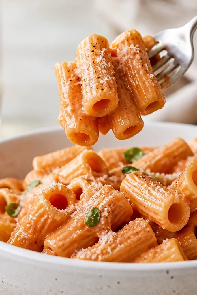 A fork lifts rigatoni from a bowl. The ridges are visibly coated with pink-orange sauce, with a few tiny pepper specks on the surface and a light dusting of grated cheese.