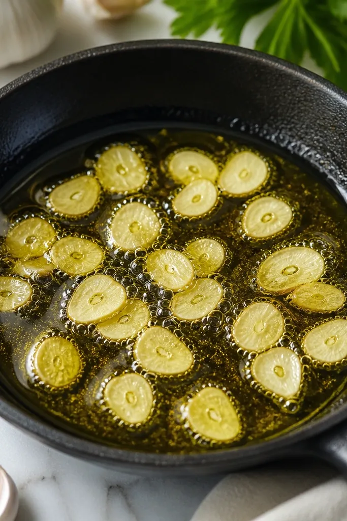A small skillet shows olive oil shimmering with pale golden garlic slices. The garlic edges are light-golden, not brown, and there are tiny bubbles around the garlic.