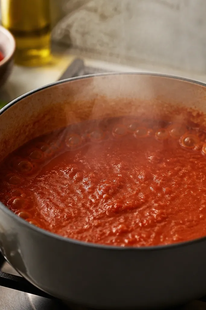 A pot of tomato sauce where vodka has been poured in. The surface shows active bubbling around the perimeter and a slight steam cloud, with no cream added yet.