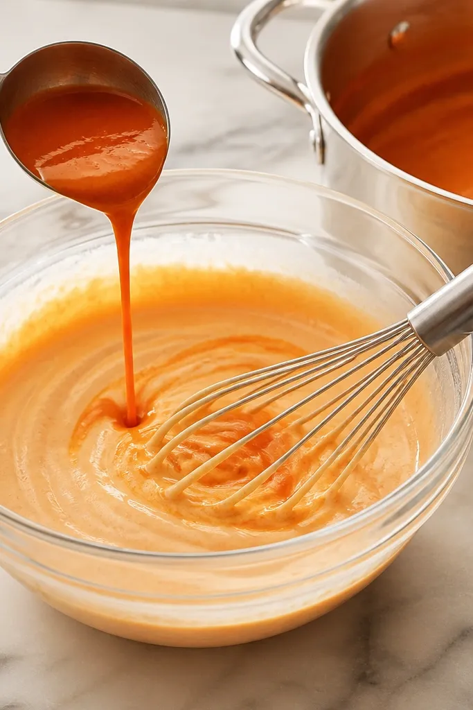 A glass bowl shows cream being whisked with a ladle of hot sauce. The mixture looks lighter and silky, with no curdled bits. Nearby is the main pot.