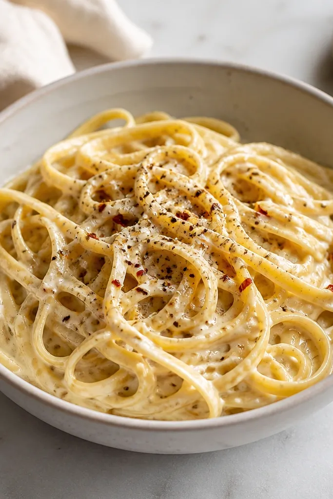 A plated bowl with visible black pepper specks and a few red chili flakes scattered on top. The sauce looks creamy underneath, with a light sheen catching the kitchen light.