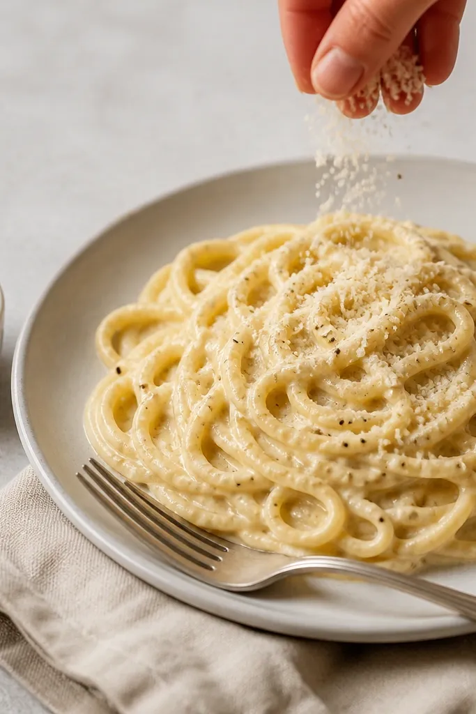 A small ramekin of finely grated Parmesan sits next to a plate of pasta. When sprinkled, it disappears into the sauce surface, leaving no dry clumps.