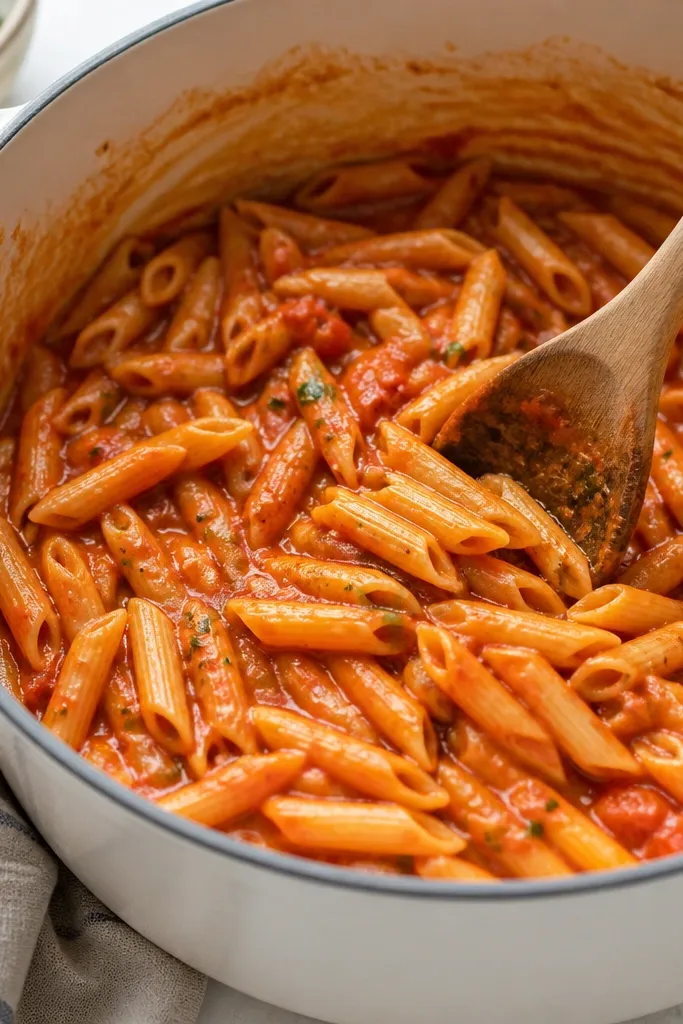 A pot with pasta and sauce being stirred. The sauce looks looser and shinier than before, and the liquid clings to the noodles rather than pooling at the bottom.