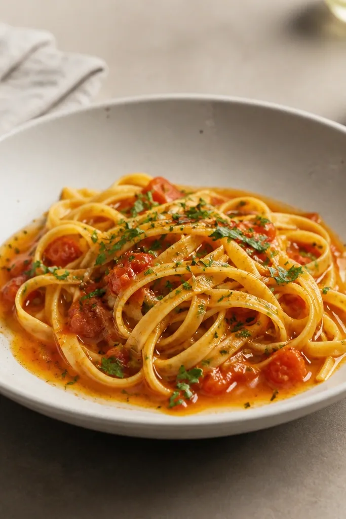 A wide shallow bowl holding sauced pasta. The sauce spreads thinly around the noodles, with a little extra pooling at the edge, not a deep red layer at the bottom.