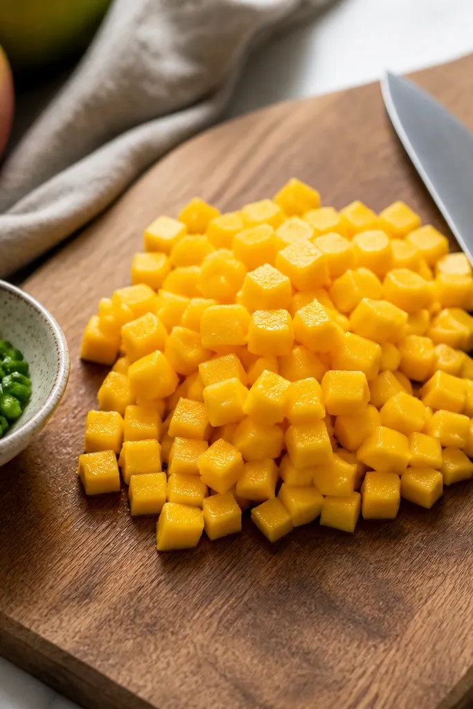 A cutting board with 1/4-inch mango cubes in a shallow pile, with a chef's knife resting beside them and a small bowl of chopped jalapeño to one side.