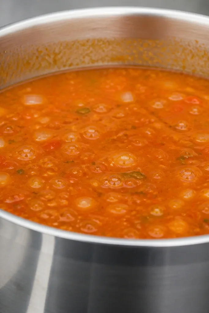 A stainless steel pot filled with orange salsa bubbling gently, with visible onion and pepper bits suspended in sauce.