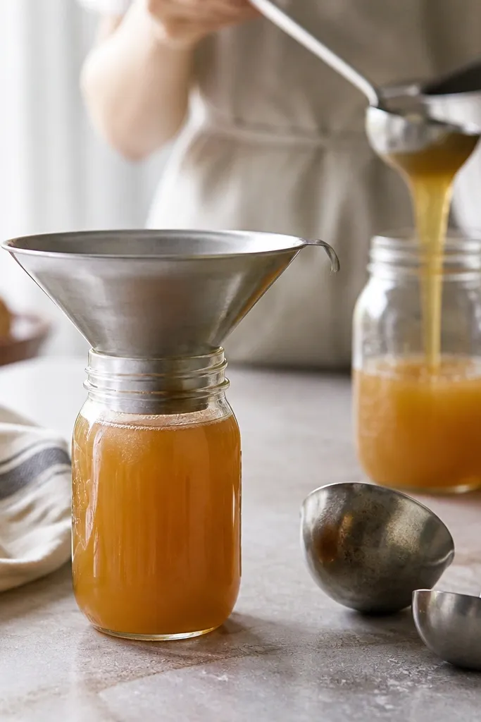 A jar funnel sitting on top of a pint jar, with ladles and a towel nearby; a second jar is being filled in the background.