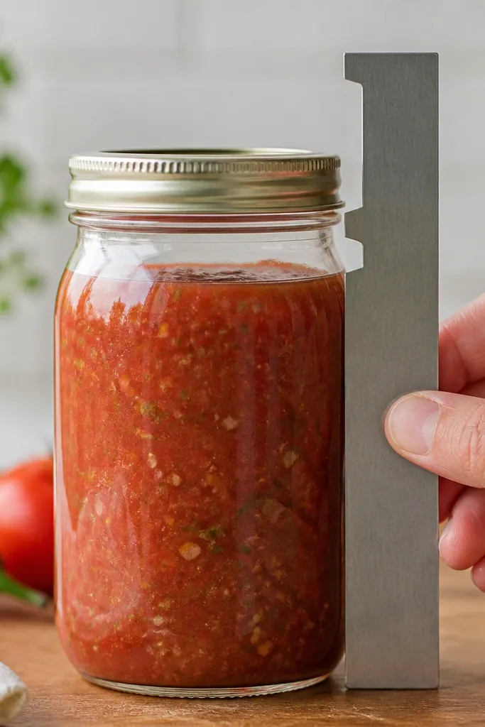 A ruler or headspace tool held against the side of a filled jar showing about 1/2 inch space between salsa and lid rim.