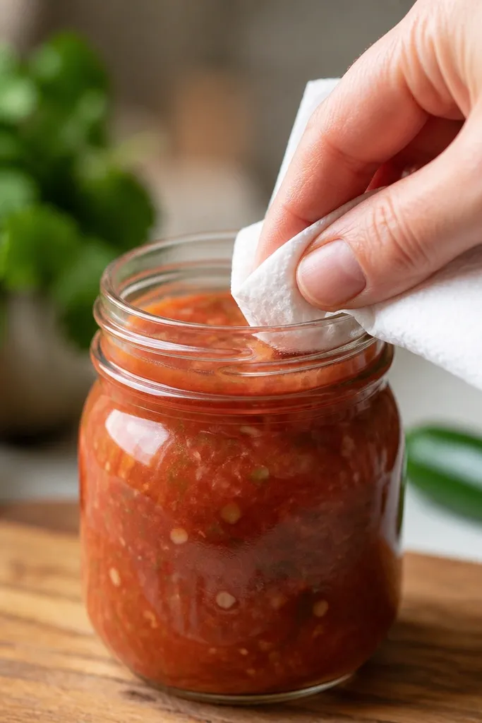 A clean damp paper towel wiping the rim of a jar after filling; the salsa level is just below the threads.