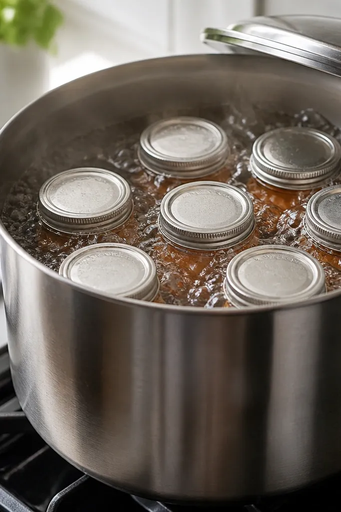 A canner pot with a rack and multiple jars inside, water bubbling vigorously; the lid is off or just lifted to show boil intensity.