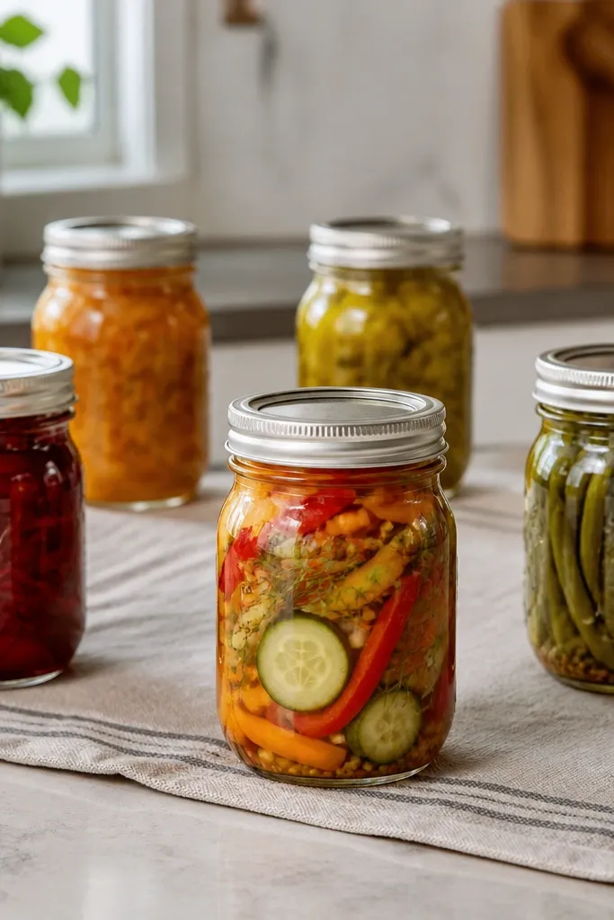 Canning jars spaced out on a kitchen towel, lids slightly domed, no bands removed yet, kitchen counter in natural light.