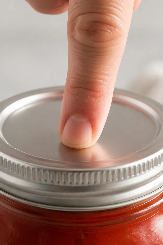 A finger pressing the center of a cooled jar lid; the lid shows no flex.