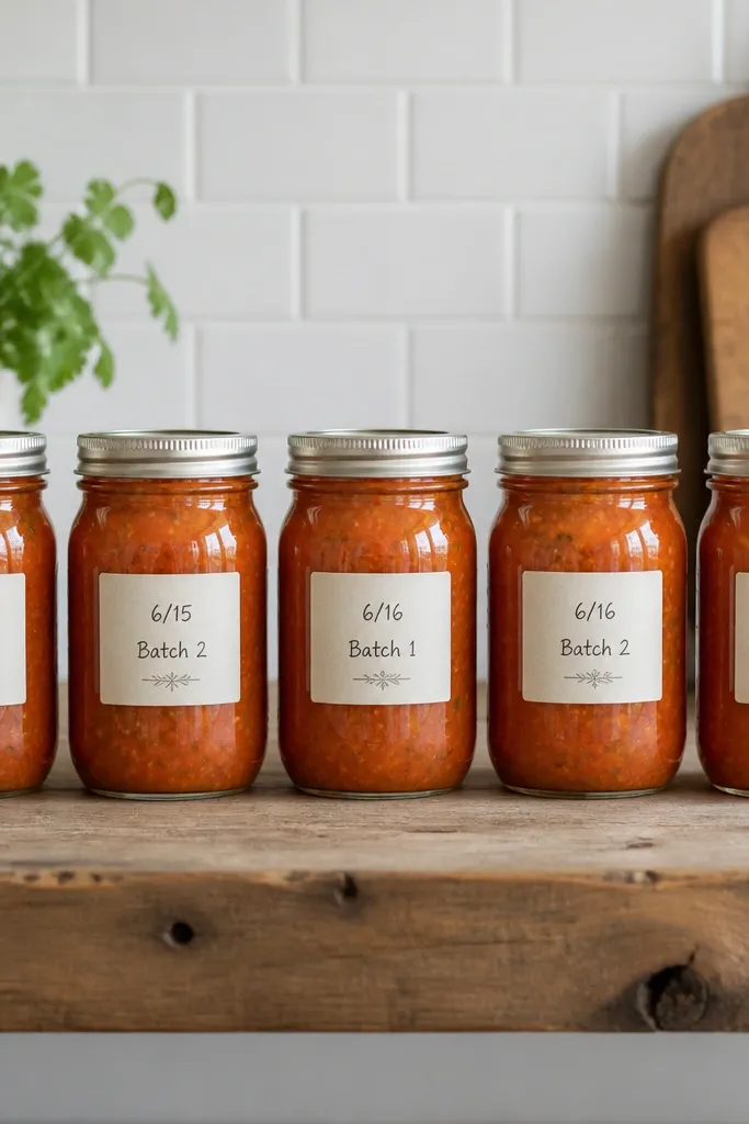 A row of pint jars with orange salsa inside, each lid labeled with date and batch notes; labels are straight and centered.