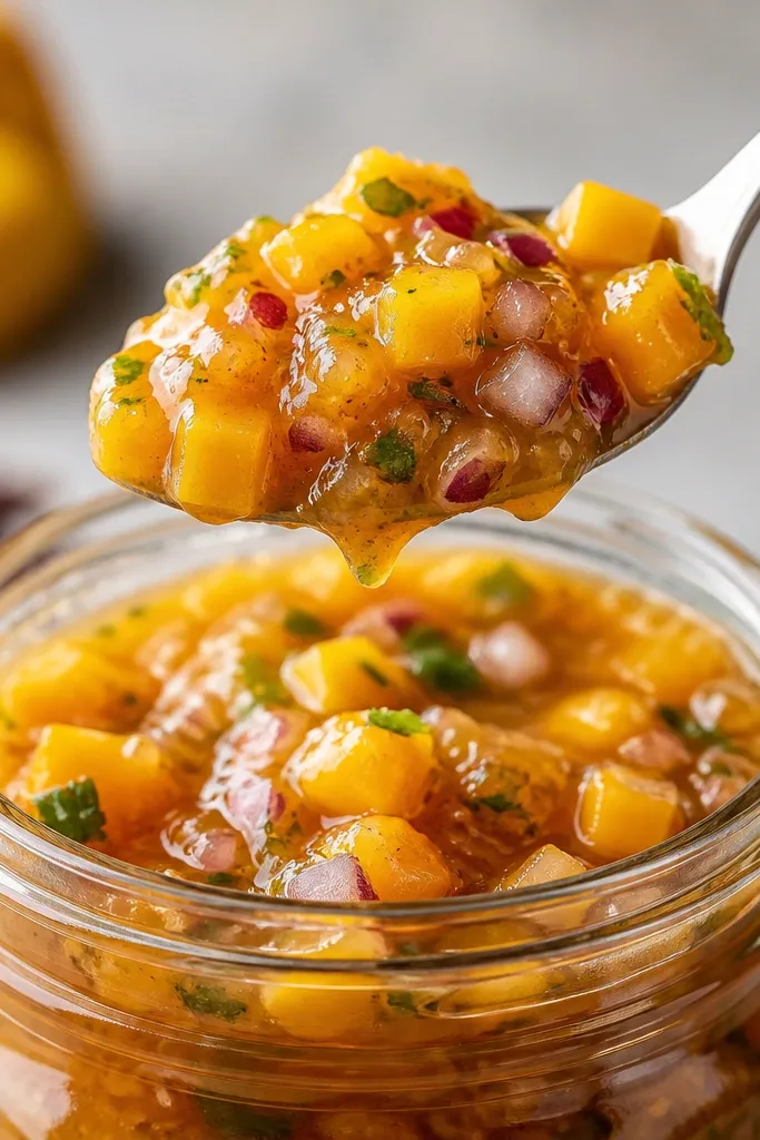 A spoon lifting salsa from a jar, showing mango and onion chunks suspended in a glossy orange sauce.