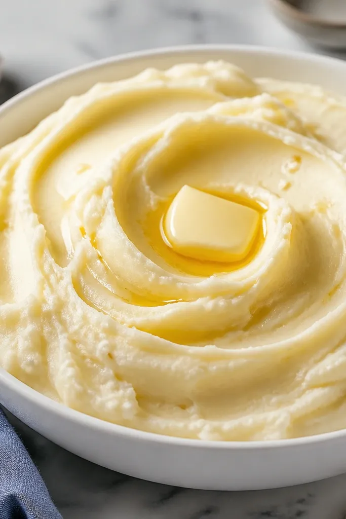A white bowl filled with smooth, glossy mashed potatoes with a spoon swirl in the center; a small pat of butter melts on top and tiny flecks of garlic are visible.