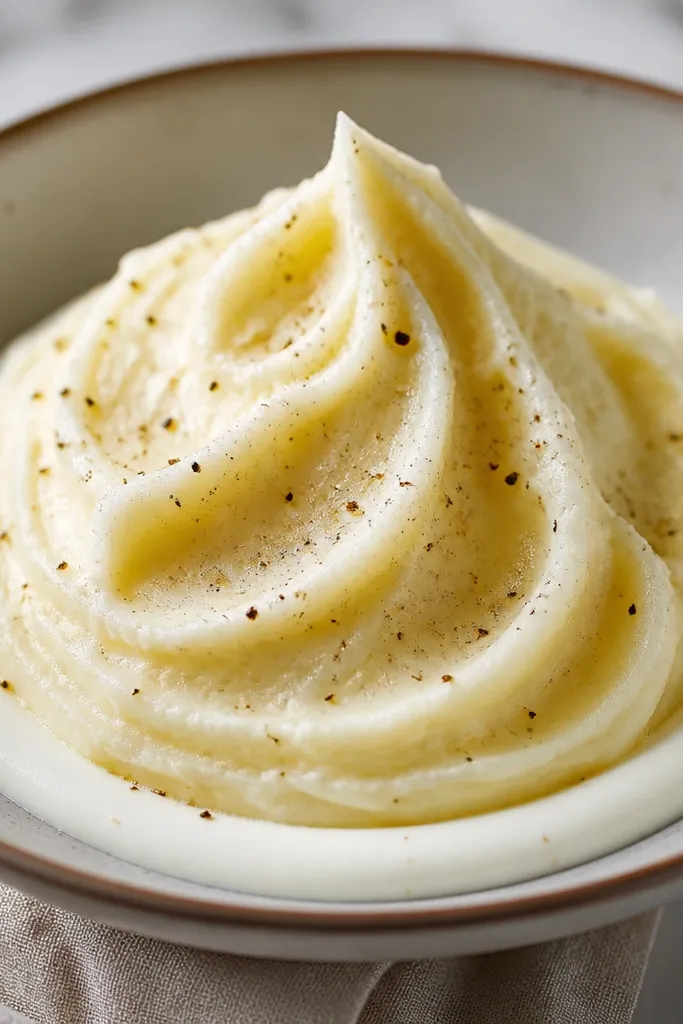 Mashed potatoes piped into a soft swirl with ridges from a spoon, surrounded by a ring of sour cream, with black pepper specks across the top.